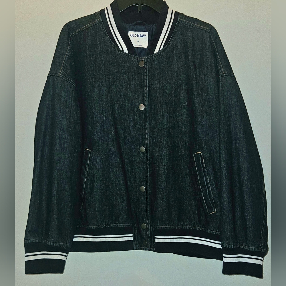 Old Navy Jean Bomber Jacket With Striped Accents